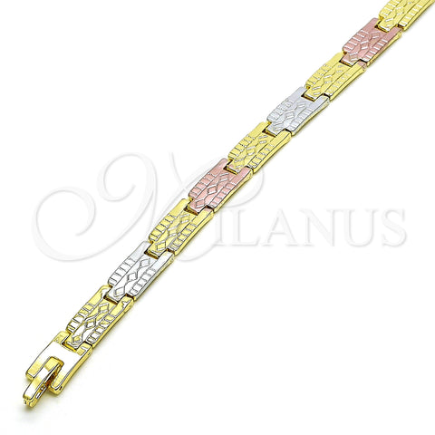 Oro Laminado Solid Bracelet, Gold Filled Style Diamond Cutting Finish, Tricolor, 03.102.0065.08 (07 MM Thickness, 8 Inches Length)