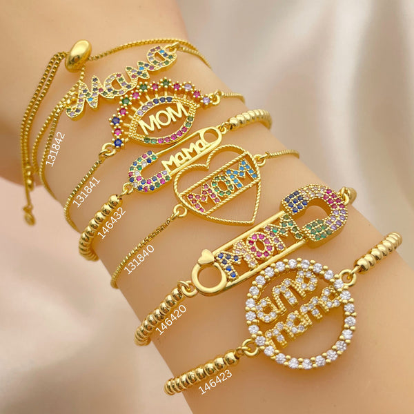 20 Mothers Day Bracelets, Mom, Mama, in Oro Laminado Assorted ($5.00 each) for $100 Gold Layered