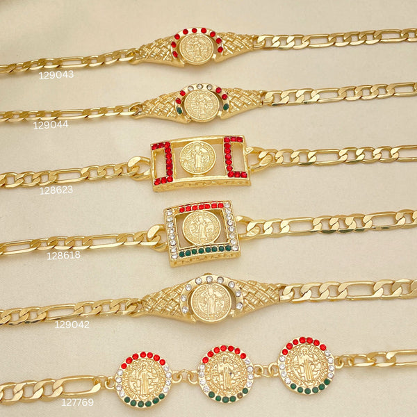20 Religious San Benito Plaque ID Bracelets in Oro Laminado Assorted ($5.00 each) for $100 Gold Layered