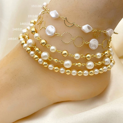 20 tobilleras surtidas de perlas de marfil en oro laminado surtidas ($5.00 cada una) por $100 en oro laminado 