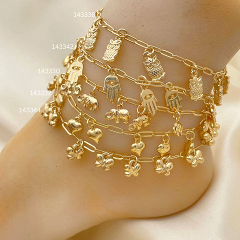 20 Assorted Gold Charm Anklets in Oro Laminado Assorted ($5.00 each) for $100 Gold Layered