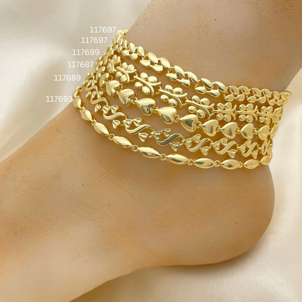 Gold Filled Anklet — 20 Assorted Design Link Anklets in Assorted $5.00 — main product view — SKU 152556 | Oro Laminado tobillera — 20 Assorted diseño Link Anklets in Assorted $5.00 — SKU 152556