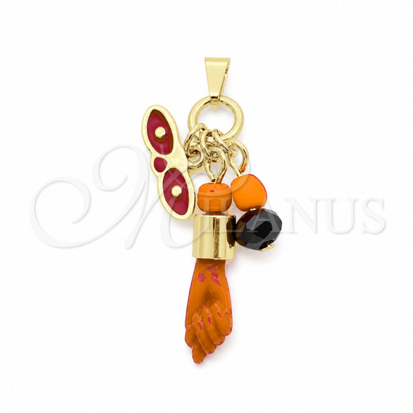 Oro Laminado Fancy Pendant, Gold Filled Style Hand Design, with Black Azavache, Polished, Golden Finish, 05.02.0067.1