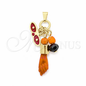 Oro Laminado Fancy Pendant, Gold Filled Style Hand Design, with Black Azavache, Polished, Golden Finish, 05.02.0067.1
