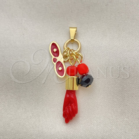 Oro Laminado Fancy Pendant, Gold Filled Style Hand Design, with Black Azavache, Polished, Golden Finish, 05.02.0067.1