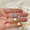 Oro Laminado Threader Earring, Gold Filled Style Evil Eye and San Benito Design, Polished, Golden Finish, 02.02.0519