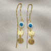 Oro Laminado Threader Earring, Gold Filled Style Evil Eye and San Benito Design, Polished, Golden Finish, 02.02.0519