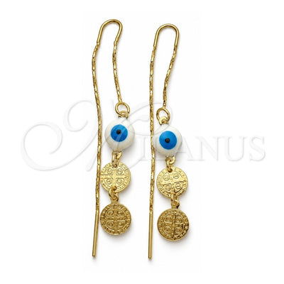 Oro Laminado Threader Earring, Gold Filled Style Evil Eye and San Benito Design, Polished, Golden Finish, 02.02.0519