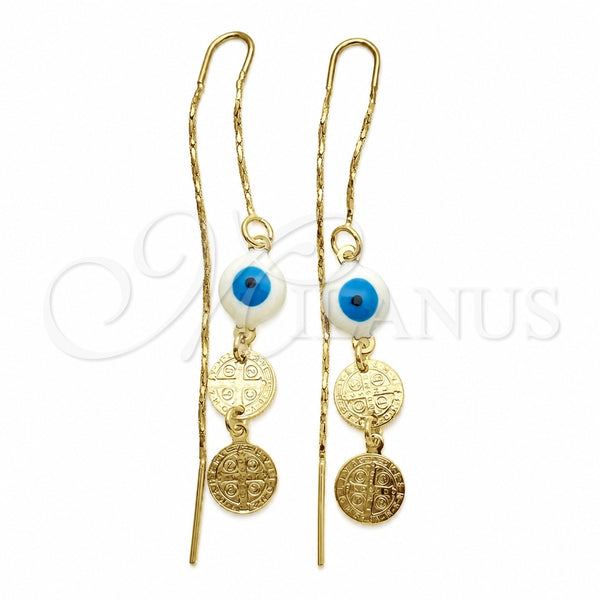 Oro Laminado Threader Earring, Gold Filled Style Evil Eye and San Benito Design, Polished, Golden Finish, 02.02.0519