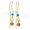 Oro Laminado Threader Earring, Gold Filled Style Evil Eye and San Benito Design, Polished, Golden Finish, 02.02.0519
