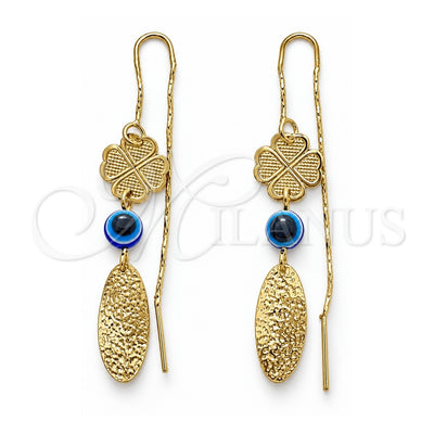 Oro Laminado Threader Earring, Gold Filled Style Evil Eye and Four-leaf Clover Design, Polished, Golden Finish, 02.02.0520