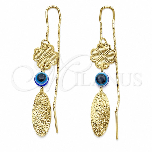 Oro Laminado Threader Earring, Gold Filled Style Evil Eye and Four-leaf Clover Design, Polished, Golden Finish, 02.02.0520