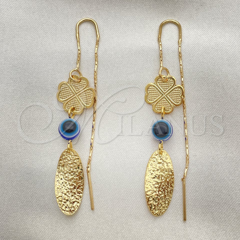 Oro Laminado Threader Earring, Gold Filled Style Evil Eye and Four-leaf Clover Design, Polished, Golden Finish, 02.02.0520