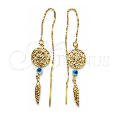 Oro Laminado Threader Earring, Gold Filled Style Evil Eye and Leaf Design, Polished, Golden Finish, 02.02.0521