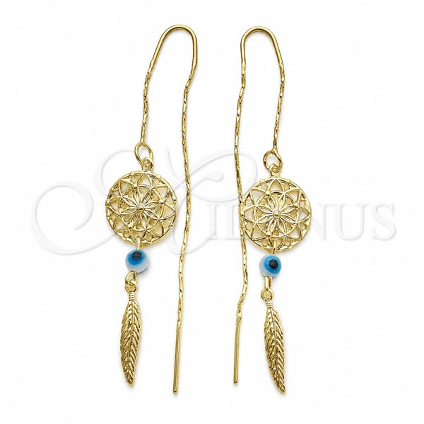 Oro Laminado Threader Earring, Gold Filled Style Evil Eye and Leaf Design, Polished, Golden Finish, 02.02.0521
