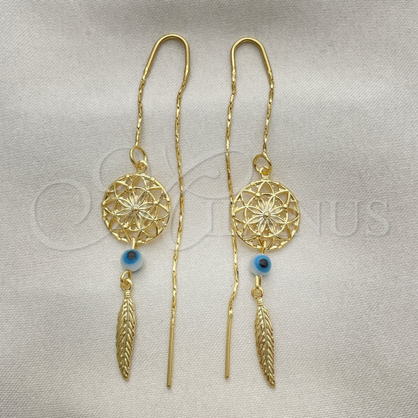 Oro Laminado Threader Earring, Gold Filled Style Evil Eye and Leaf Design, Polished, Golden Finish, 02.02.0521
