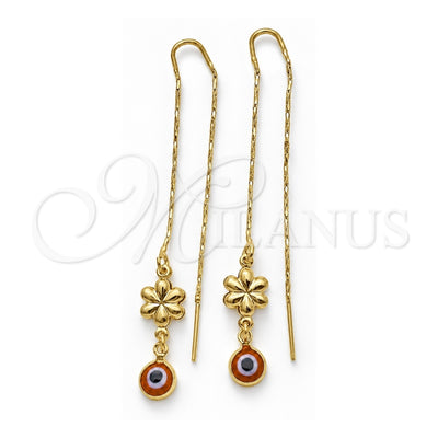 Oro Laminado Threader Earring, Gold Filled Style Evil Eye and Flower Design, Polished, Golden Finish, 02.02.0522