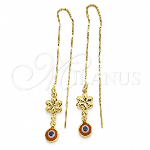 Oro Laminado Threader Earring, Gold Filled Style Evil Eye and Flower Design, Polished, Golden Finish, 02.02.0522