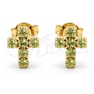 Oro Laminado Stud Earring, Gold Filled Style Cross Design, with Light Green Cubic Zirconia, Polished, Golden Finish, 02.02.0523.4