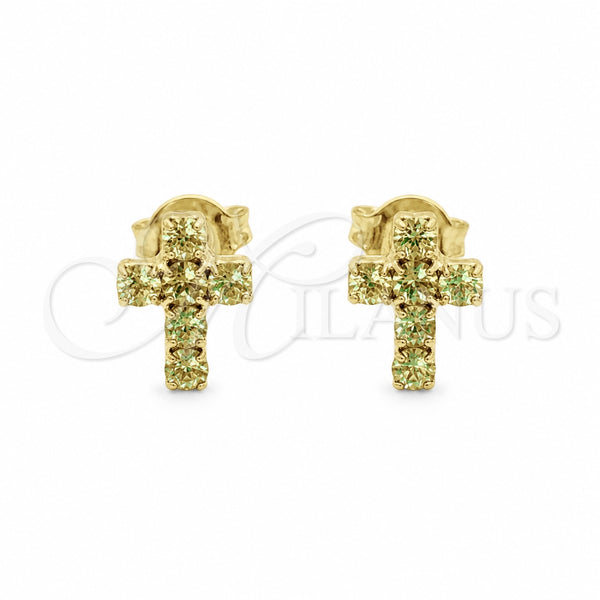 Oro Laminado Stud Earring, Gold Filled Style Cross Design, with Light Green Cubic Zirconia, Polished, Golden Finish, 02.02.0523.4