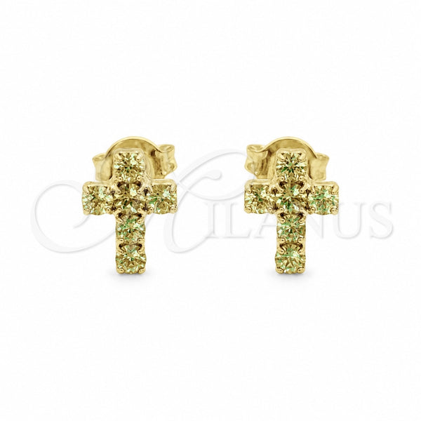 Oro Laminado Stud Earring, Gold Filled Style Cross Design, with Light Green Cubic Zirconia, Polished, Golden Finish, 02.02.0523.4