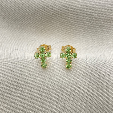 Oro Laminado Stud Earring, Gold Filled Style Cross Design, with Light Green Cubic Zirconia, Polished, Golden Finish, 02.02.0523.4