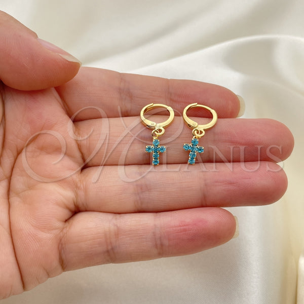 Oro Laminado Huggie Hoop, Gold Filled Style Cross Design, with Turquoise Cubic Zirconia, Polished, Golden Finish, 02.02.0496.5.15
