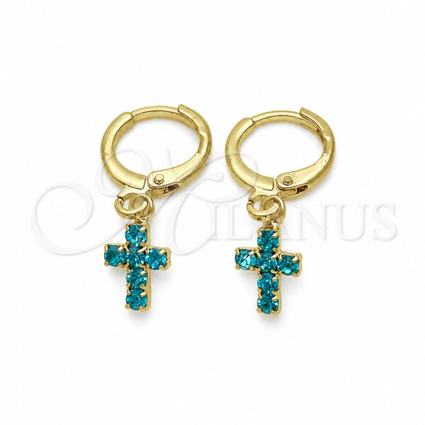 Oro Laminado Huggie Hoop, Gold Filled Style Cross Design, with Turquoise Cubic Zirconia, Polished, Golden Finish, 02.02.0496.5.15
