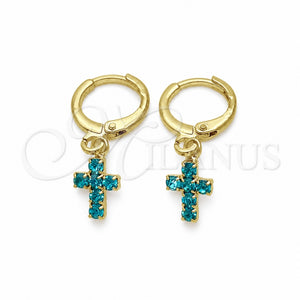 Oro Laminado Huggie Hoop, Gold Filled Style Cross Design, with Turquoise Cubic Zirconia, Polished, Golden Finish, 02.02.0496.5.15