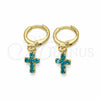 Oro Laminado Huggie Hoop, Gold Filled Style Cross Design, with Turquoise Cubic Zirconia, Polished, Golden Finish, 02.02.0496.5.15