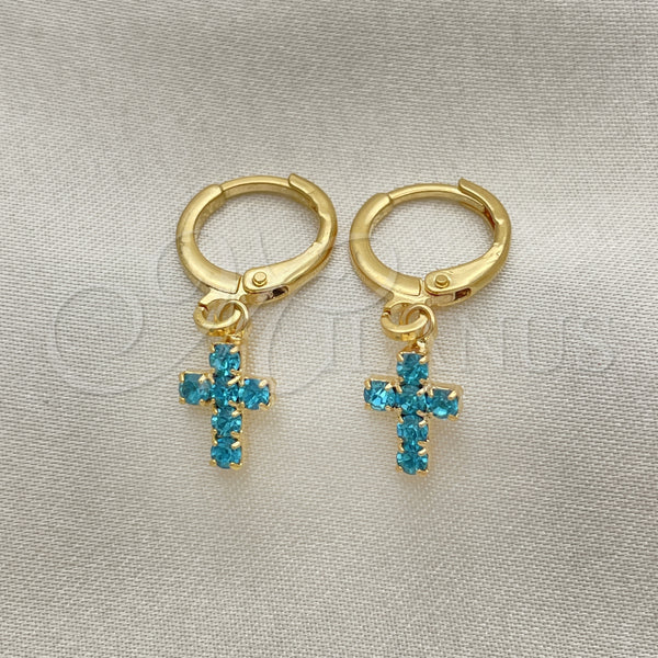 Gold Filled Hoop Earrings — Huggie Hoop Cross Design with Turquoise Cubic Zirconia — main product view — SKU 152580 | Oro Laminado aretes de aro — Huggie Hoop cruz diseño with Turquoise Cubic Zirconia — SKU 152580