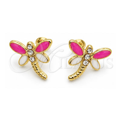 Oro Laminado Stud Earring, Gold Filled Style Dragon-Fly Design, with White Cubic Zirconia, Pink Enamel Finish, Golden Finish, 02.02.0524