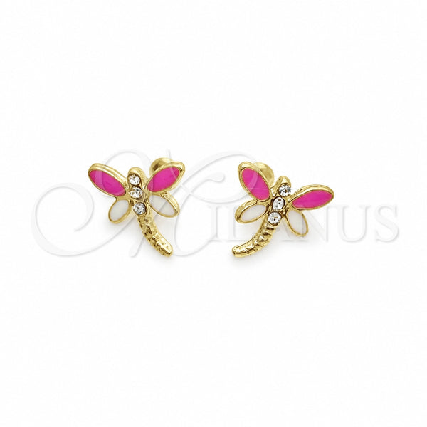 Oro Laminado Stud Earring, Gold Filled Style Dragon-Fly Design, with White Cubic Zirconia, Pink Enamel Finish, Golden Finish, 02.02.0524