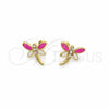 Oro Laminado Stud Earring, Gold Filled Style Dragon-Fly Design, with White Cubic Zirconia, Pink Enamel Finish, Golden Finish, 02.02.0524