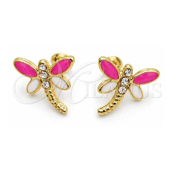 Oro Laminado Stud Earring, Gold Filled Style Dragon-Fly Design, with White Cubic Zirconia, Pink Enamel Finish, Golden Finish, 02.02.0524