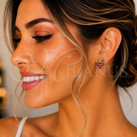 Oro Laminado Stud Earring, Gold Filled Style Grape Design, Purple Enamel Finish, Golden Finish, 02.02.0525