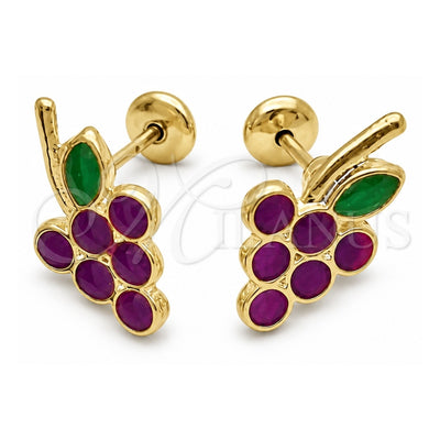 Oro Laminado Stud Earring, Gold Filled Style Grape Design, Purple Enamel Finish, Golden Finish, 02.02.0525