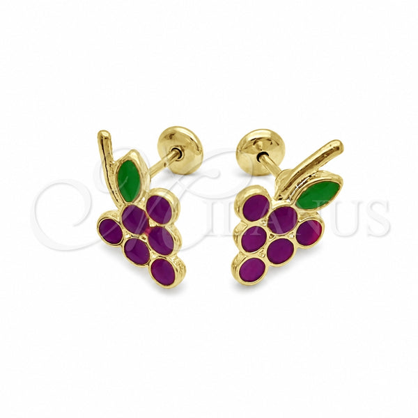 Oro Laminado Stud Earring, Gold Filled Style Grape Design, Purple Enamel Finish, Golden Finish, 02.02.0525
