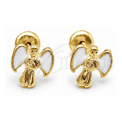 Oro Laminado Stud Earring, Gold Filled Style Angel Design, White Enamel Finish, Golden Finish, 02.02.0526