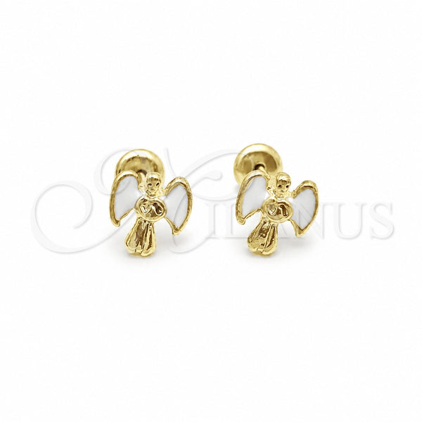 Oro Laminado Stud Earring, Gold Filled Style Angel Design, White Enamel Finish, Golden Finish, 02.02.0526