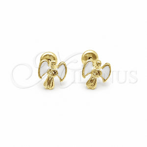 Oro Laminado Stud Earring, Gold Filled Style Angel Design, White Enamel Finish, Golden Finish, 02.02.0526