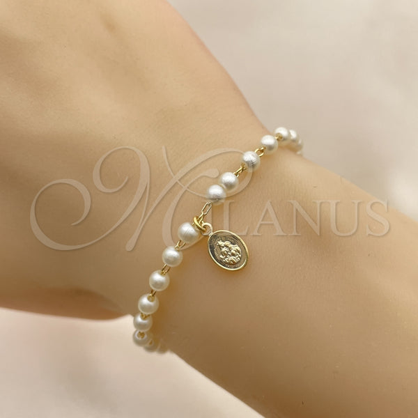 Oro Laminado Fancy Bracelet, Gold Filled Style Judaica and Ball Design, with Ivory Pearl, Polished, Golden Finish, 03.02.0100.2.16 (07 MM Thickness, 8 Inches Length)