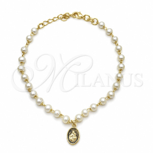 Oro Laminado Fancy Bracelet, Gold Filled Style Judaica and Ball Design, with Ivory Pearl, Polished, Golden Finish, 03.02.0100.2.16 (07 MM Thickness, 8 Inches Length)
