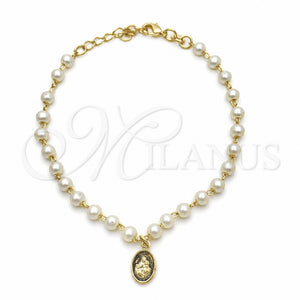 Oro Laminado Fancy Bracelet, Gold Filled Style Judaica and Ball Design, with Ivory Pearl, Polished, Golden Finish, 03.02.0100.2.16 (07 MM Thickness, 8 Inches Length)
