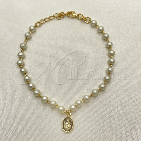 Oro Laminado Fancy Bracelet, Gold Filled Style Ball and Hand of God Design, with Ivory Pearl, Polished, Golden Finish, 03.02.0100.2.16 (07 MM Thickness, 8 Inches Length)