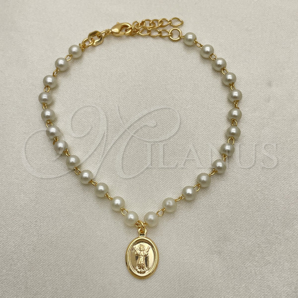 Oro Laminado Fancy Bracelet, Gold Filled Style Divino NiÃ±o Design, with Ivory Pearl, Polished, Golden Finish, 03.02.0100.3.16 (07 MM Thickness, 8 Inches Length)