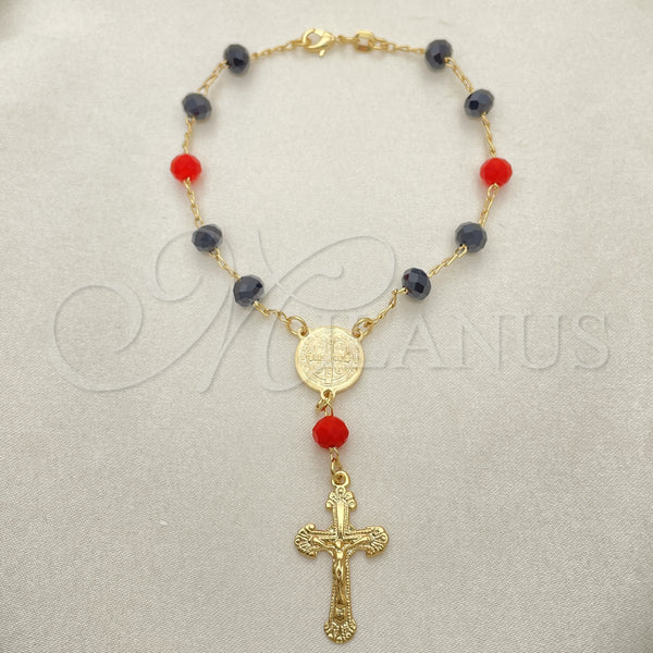 Oro Laminado Bracelet Rosary, Gold Filled Style San Benito and Crucifix Design, with Black and Garnet Azavache, Polished, Golden Finish, 09.02.0044.07
