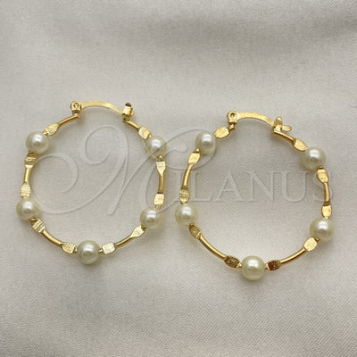 Oro Laminado Medium Hoop, Gold Filled Style Ball Design, with Ivory Pearl, Polished, Golden Finish, 02.02.0527.30