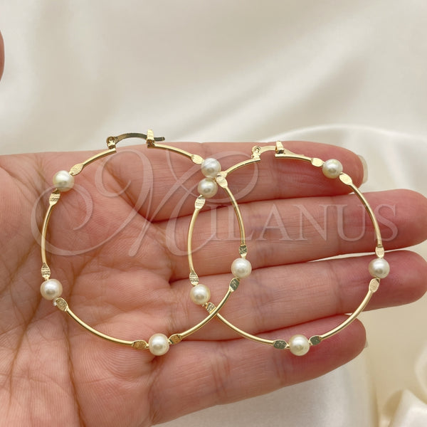 Oro Laminado Medium Hoop, Gold Filled Style Ball Design, with Ivory Pearl, Polished, Golden Finish, 02.02.0527.50