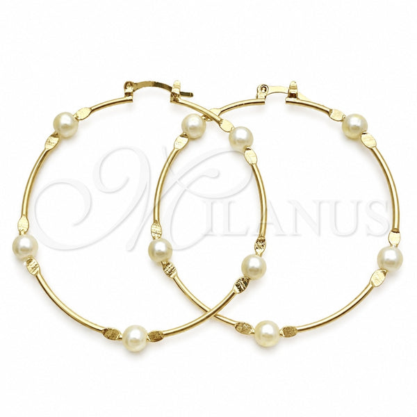 Oro Laminado Medium Hoop, Gold Filled Style Ball Design, with Ivory Pearl, Polished, Golden Finish, 02.02.0527.50
